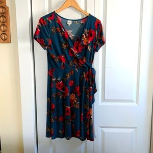 Teal short sleeve faux wrap dress